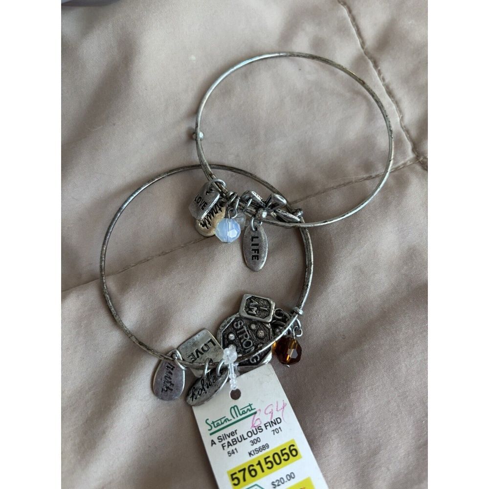 Two Silvertone Bracelets With Multiple Charms Love‎ Truth Life Strong I Am Enjoy